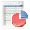 logo de gnumeric. Une page de tableur avec une figure de diagramme circulaire, trois quart rouge, un quart bleue.
